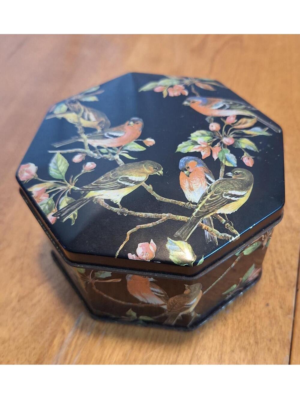 VTG Octagon Black Tin w/Birds and Florals Made in England 4.5"W X 4.5"L X 2.5"H